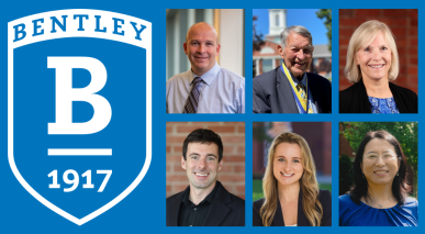 Composite image featuring headshots of 6 faculty award winners with Bentley shield logo in white on blue background.