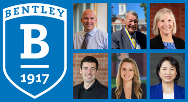 Composite photo featuring Bentley shield logo in white on a blue background, with headshots of faculty award winners Rani Hoitash, Don McNemar, Jill Brown, Noah Giansiracusa, Reagan Mozer and Jennifer Xu. 