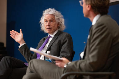 Steven Pinker with Hans Eijmberts during a Bentley University-hosted &A and talk on academic freedom