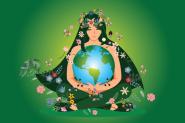 Illustration of Mother Earth sitting cross-legged and holding the planet in her arms.