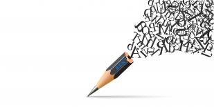 Photo illustration of pencil with letters 